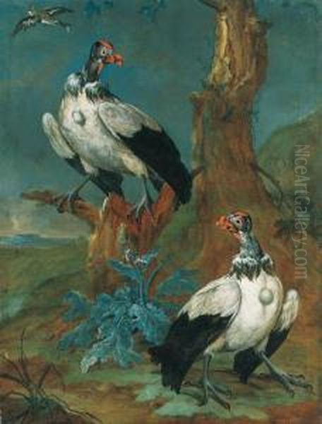 Two Vultures By A Tree In An Extensive Landscape, And Another Birdin Flight - view 1