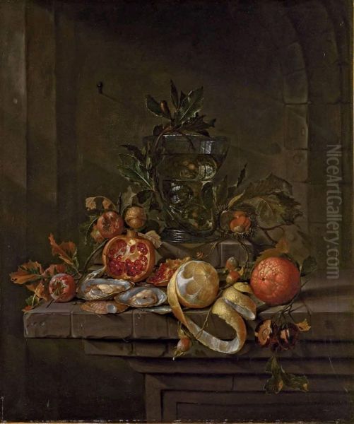 Agrumes, Coquillages Et Fruits Secs Autour D'un Roemer Sur Un Entablement - view 1