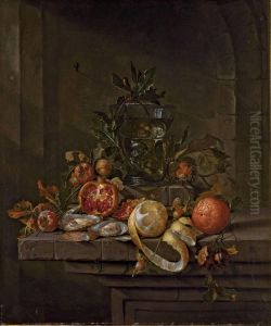 Agrumes, Coquillages Et Fruits Secs Autour D'un Roemer Sur Un Entablement
