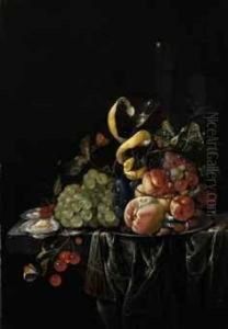 A Facon De Venise Wine Glass 
With Lemon Peel, Grapes, Peaches,plums, Cherries And Oysters On A Partly
 Draped Ledge Withbutterflies, A Caterpillar And A Dragonfly