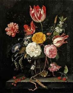 Tulips, Roses, Carnations And 
Other Flowers In A Glass Vase Withred Currants And Raspberries On A 
Stone Ledge