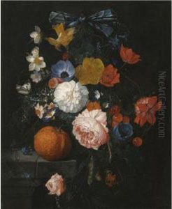A Still Life With Roses, 
Daffodils, Bluebells And Other Flowers Ona Stone Ledge With An Orange, 
Blackberries And Twobutterflies