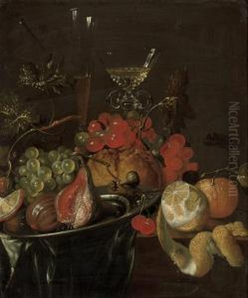 Figs And Grapes On A Pewter 
Platter, Two Glass Roemers, A Partlypeeled Lemon And An Orange On A 
Draped Wooden Ledge - view 1