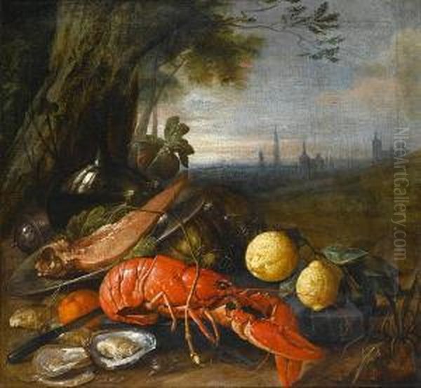 Lemons With Oysters, A Lobster,
Melons And Abottle Of Wine At The Foot Of A Tree, A View Of
Brusselsbeyond - view 1