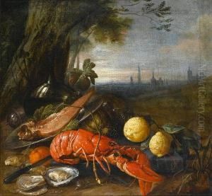 Lemons With Oysters, A Lobster, 
Melons And Abottle Of Wine At The Foot Of A Tree, A View Of 
Brusselsbeyond