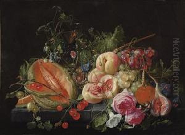 A Cut Melon, Cherries,
Gooseberries, Peaches, Grapes, Figs, Plums,flowers, Snails And Insects
On A Stone Ledge - view 1