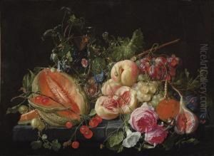 A Cut Melon, Cherries, 
Gooseberries, Peaches, Grapes, Figs, Plums,flowers, Snails And Insects 
On A Stone Ledge