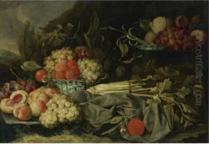 Still Life With Peaches, Grapes And Chinese Porcelain Bowl by Cornelis De Heem