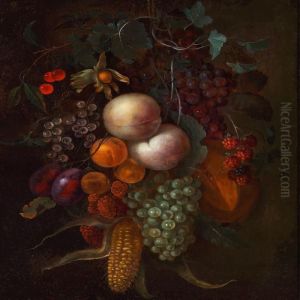 Still Life With Peaches, 
Abricots, Grapes, Plums, Melon, Raspberry, Blueberry, Cherry And A Corn 
Cob by Cornelis De Heem