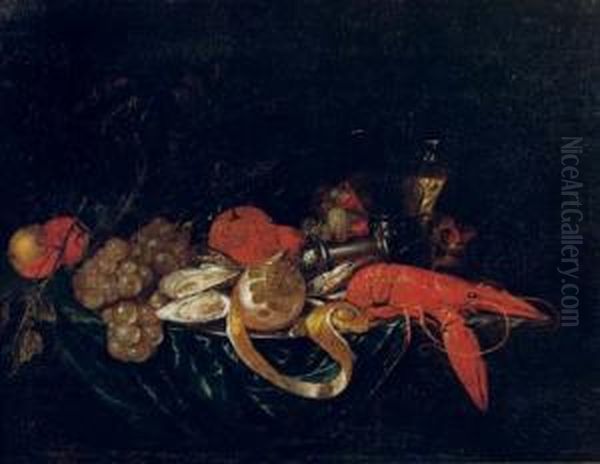 A Lobster, Oysters And A
Partially Pealed Lemon On A Pewter Plate With Peaches, Grapes, Oranges, A
Salt Sellar And A Glass Of Wine On A Draped Table - view 1