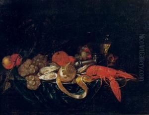 A Lobster, Oysters And A
Partially Pealed Lemon On A Pewter Plate With Peaches, Grapes, Oranges, A
Salt Sellar And A Glass Of Wine On A Draped Table by Cornelis De Heem