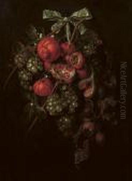 White Grapes, Oranges, A
Pomegranate, Figs, Plums And Chestnuts Tied With A Blue Ribbon And
Attached To A Nail - view 1