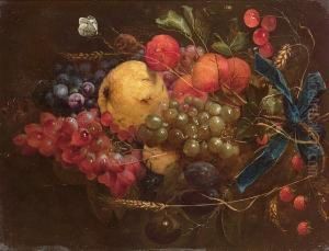 A Swag Of Cherries, 
Strawberries, Apricots, Grapes, Lemons, Plums And Ears Of Corn Hanging 
From A Blue Ribbon With A Cabbage White Butterfly, A Caterpillar And 
Other Insects by Cornelis De Heem
