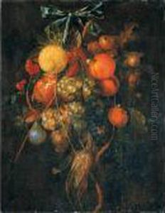 A Swag Of Grapes, Oranges, Figs, Cherries And Other Fruits Suspended By A Blue Ribbon