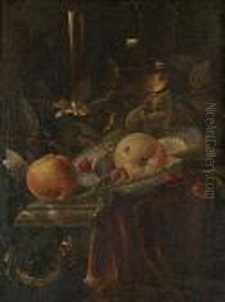 A Still Life Of A Facon De
Venise, A Roemer, Cherries And Wan-li Kraak Bowls On A Marble Ledge,
Draped With A Red Velvet Cloth In A Stone Niche - view 1