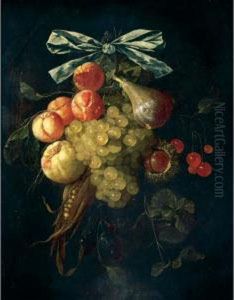 A Swag Of Abricots, Grapes, 
Cherries, A Fig, Chestnuts, Corn And Oranges Tied With A Blue Ribbon by Cornelis De Heem