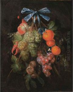 A Festoon Of Grapes, A Peach, 
Oranges, Cherries, Red Peppers, Blackberries And Medlars, Together With 
Pea Pods, Morning Glory And Two Woodsnails, All Tied Together With A 
Blue Ribbon And Hanging From A Nail
