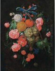 A Festoon Of Roses, Morning 
Glory, An Orange, Mandarines, Grapes, Cherries And Pea Pods, Tied 
Together With A Blue Ribbon And Hanging From A Nail