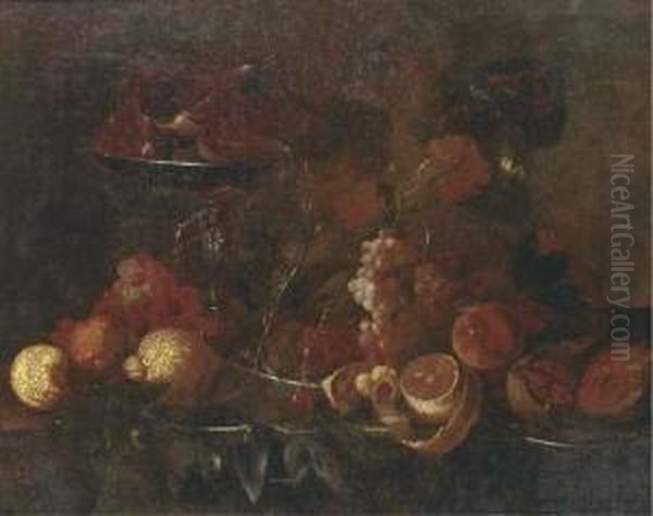 Grapes, Lemons, Pomegranates, An
Orange And Other Fruit On Pewter Platters, With A Tazza Of Figs On A
Table - view 1
