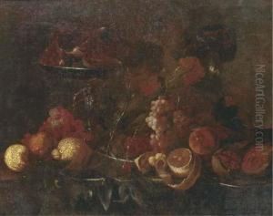 Grapes, Lemons, Pomegranates, An
 Orange And Other Fruit On Pewter Platters, With A Tazza Of Figs On A 
Table