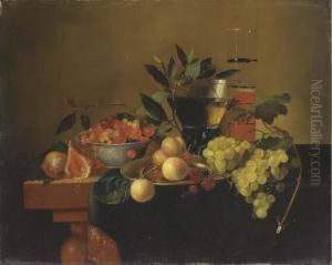 Peaches, Grapes, Figs And Other 
Fruit In A Wanli Bowl And Silverplate On A Partially Covered Table With A
 Roemer And A Fluteglass