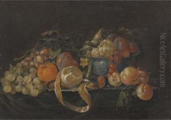 A Partly-peeled Lemon On A
Pewter Plate, And Plums, Cherries And Other Fruit In A Porcelain Bowl,
With Grapes, Plums, A Gherkin And Peaches On A Partly-draped Table - view 1