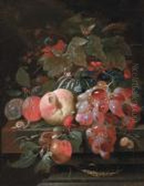 Grapes, Plums, A Peach, A Melon 
And Cherries On A Stone Ledge, With Snails, A Centipede And A Butterfly - view 1