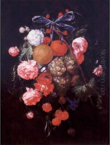 A Bouquet Of Flowers And Fruit 
With Pea Pods, Tied Together With A Blue Ribbon And Hanging From A Nail