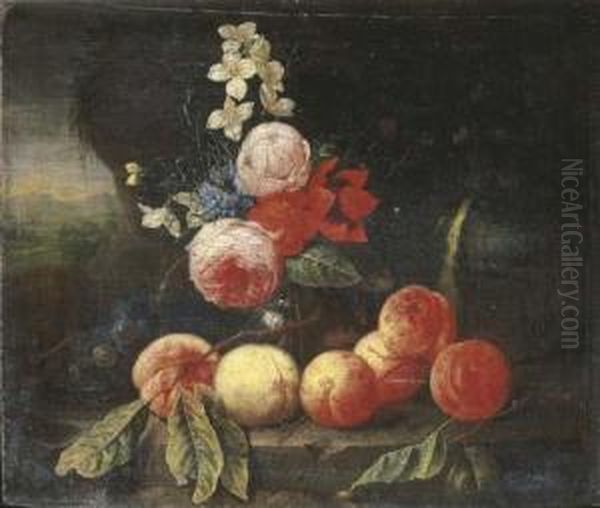 Peaches And Grapes With Roses
And Other Flowers In A Glass Vase On A Stone Ledge In A Landscape - view 1