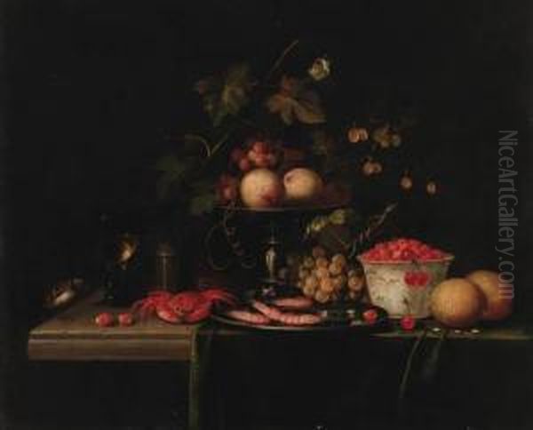 Grapes On A Vine With
Gooseberries In A Tazza, Prawns In A Pewter Dish, A Crab, A Bowl Of
Strawberries - view 1
