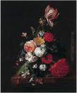 A Still Life Of Tulips, Roses, A
 Peony, And Honeysuckle In A Glass Vase With Butterflies, All On A 
Marble Ledge by David Cornelisz. de Heem