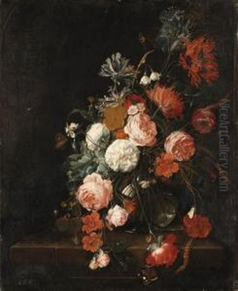 Roses, Poppies, Ears Of Corn And
Other Flowers In A Glass Vase,with Snails, A Moth, A Spider And A
Butterfly On A Stoneledge - view 1