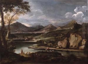 Paesaggio Fluviale Con Pescatori E Carovana Di Muli