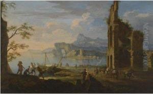A Mediterranean Harbour Scene With Ruins And Figures Unloadingcargo In The Foreground by Jacob De Heusch