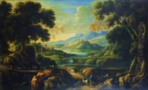 Paysage De Riviere Au Chateau Et Berger by Jacob De Heusch