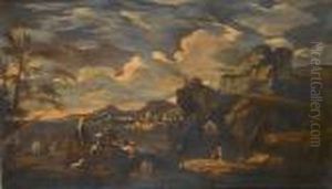 A Mediterranean Coastline With Figures Restingon Rocks In The Foreground