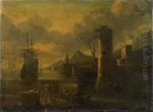 Vue D'un Port Au Clair De Lune by Jacob De Heusch