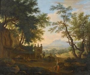 A Wooded Landscape With Travellers Halting On A Country Path Beside A Well