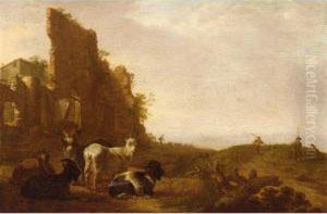 Goats Near A Ruin With Herdsmen Beyond by Jacob De Heusch