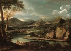 Paesaggio Fluviale Con Pescatori E Carovana Di Muli Olio Su Tela