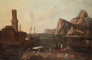 A Mediterranean Harbour With Figures On The Quayside