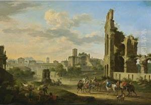 Rome: A View Of The Forum 
Romanum With Horsemen And Mules With Travellers In The Foreground 
Together With Shepherds And Their Herd Making Music
