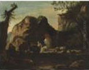 Herdsmen Travelling Through A Rocky Mediterranean Landscape by Jacob De Heusch