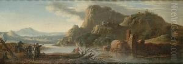 A Rocky River Landscape With Soldiers Resting On A Bank, A Hill Top Village Beyond - view 1