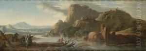 A Rocky River Landscape With Soldiers Resting On A Bank, A Hill Top Village Beyond by Jacob De Heusch