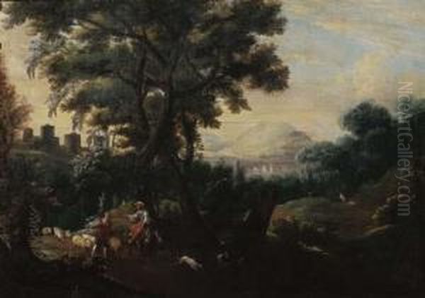 An Italianate Landscape With A Shepherd Couple Leading Their Flockdown A Path - view 1