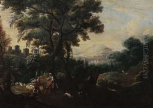 An Italianate Landscape With A Shepherd Couple Leading Their Flockdown A Path by Jacob De Heusch