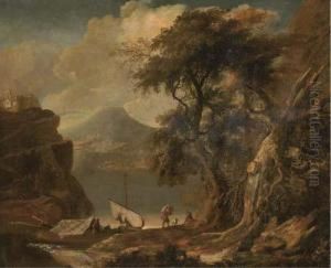 A Mountainous River Landscape With Figures And Boats In A Wooded Inlet by Jacob De Heusch