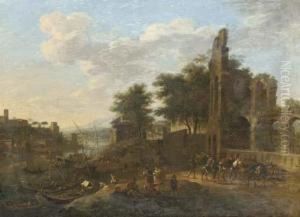 A River Landscape With 
Travellers On A Path And Peasants Conversing By Moored Ships, A Town 
Beyond
