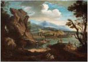 A Mountainous Landscape With Figures By A Lake